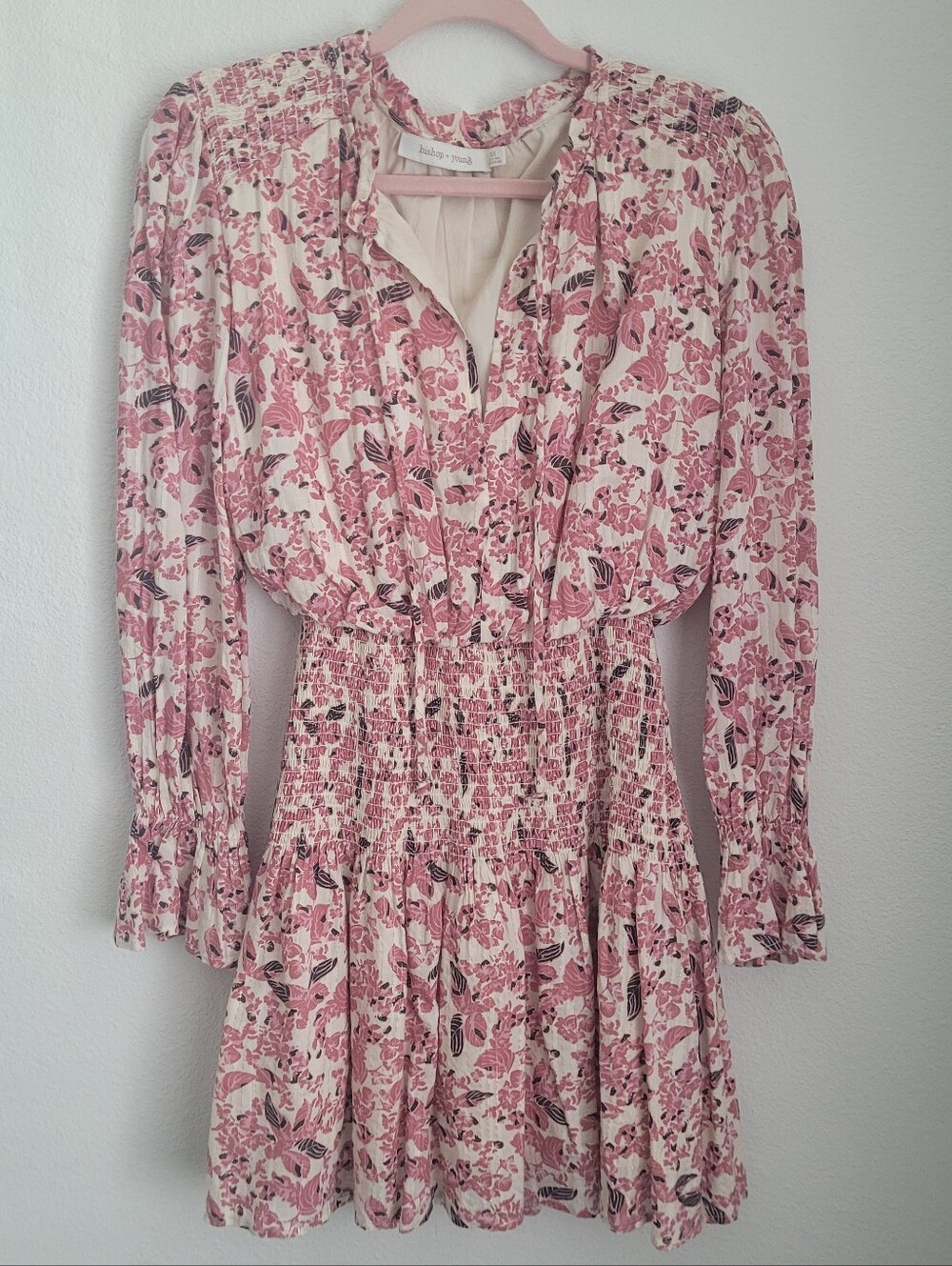 Bishop + Young Pink Floral Smocked Metallic Lurex Mini Dress Size XS Boho